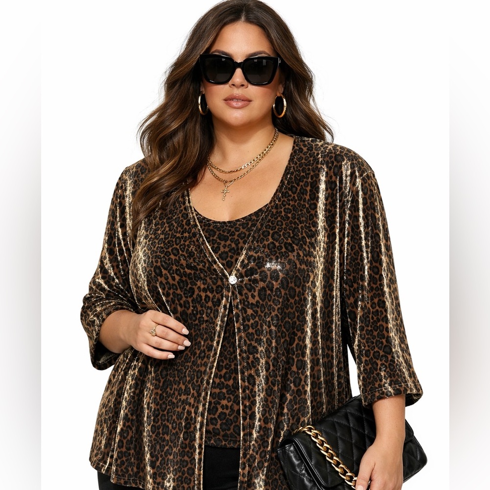 Vintage Womens XLarge Bold Kitsch Leopard Animal Print Cardigan‎ Shell Mob Wife
